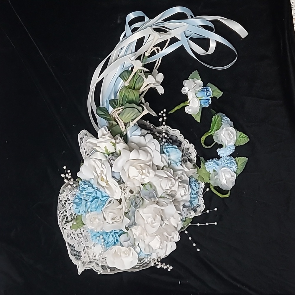Vintage Blue White Rose/Carnation w/ Pearls Satin Ribbon, Wedding FloralBouquet